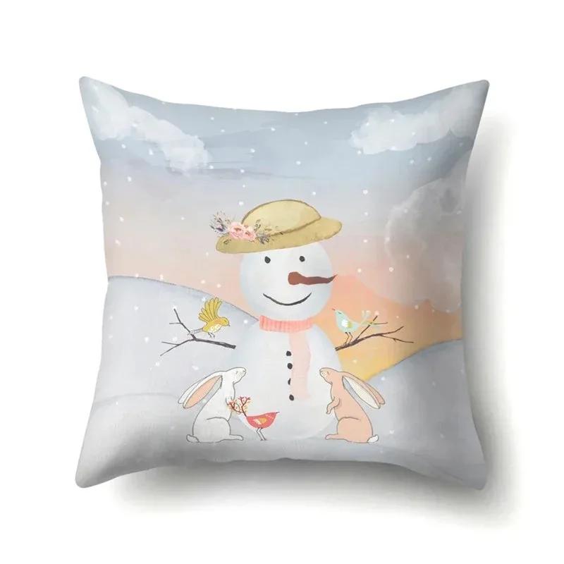Christmas Snowman Printed Sofa Decorative Cushion Cover Pillow Pillowcase Polyester Throw Pillow Home Decor Pillowcover