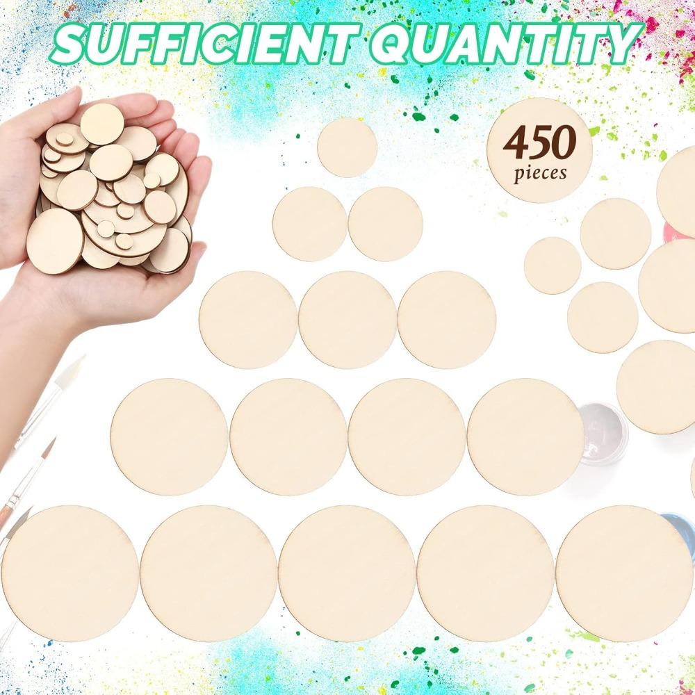 450pcs Unfinished Wood Slices Round Wooden Disc Circles Wooden Circles for Crafts Cutouts Ornaments for DIY Craft and Decoration, 5 Sizes
