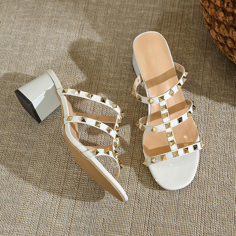 

Fashion New Lady British Style White Studded High Heel Slides Front Open Toe Shoes with Sewing Wide Fit Microfiber Leather Zapatos Mujer 41