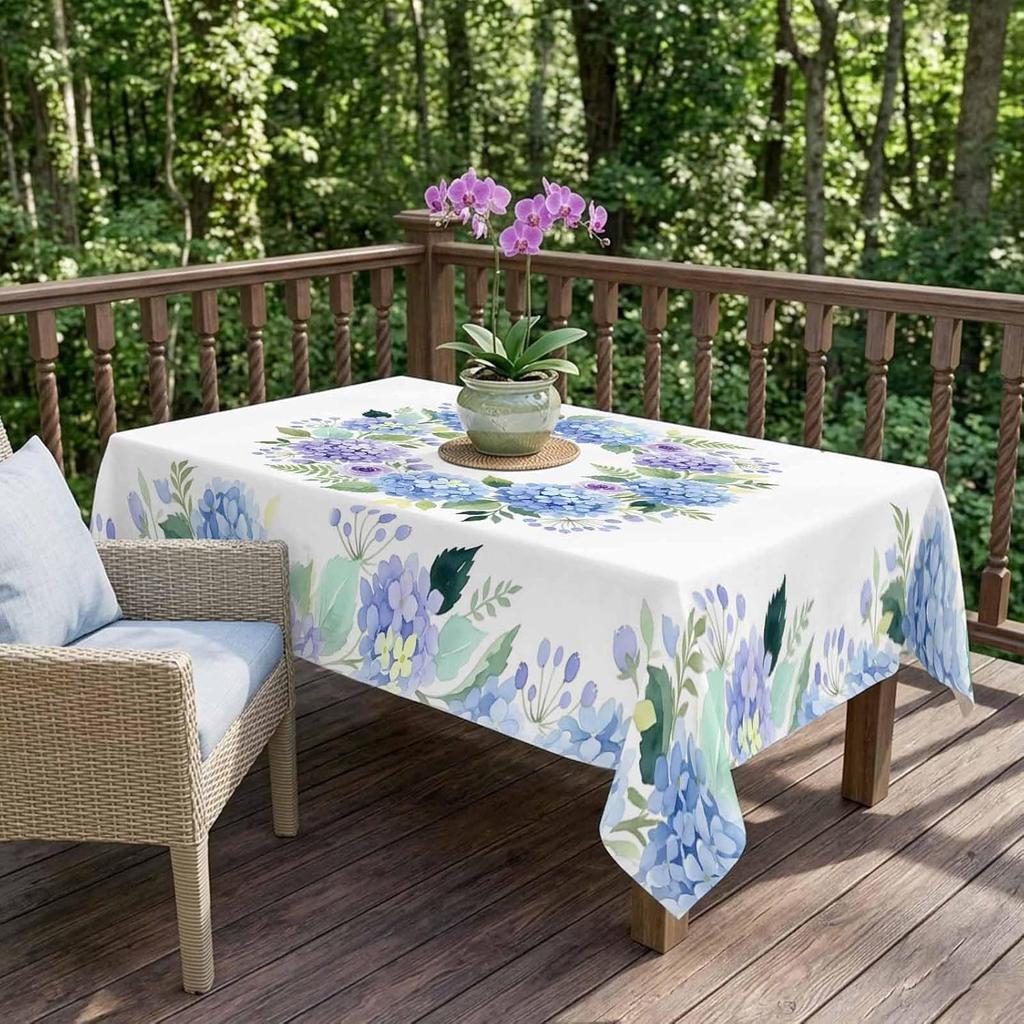 Blue Flower Wreath Tablecloth Waterproof Rectangle Country Watercolor Floral Printed Tables Cover for Dinner Kitchen Party