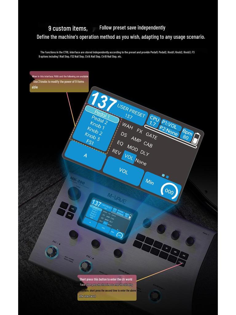 M-VAVE MK-300 Multi-Effects Pedal with Drum Machine & Volume Control for Guitar/Bass