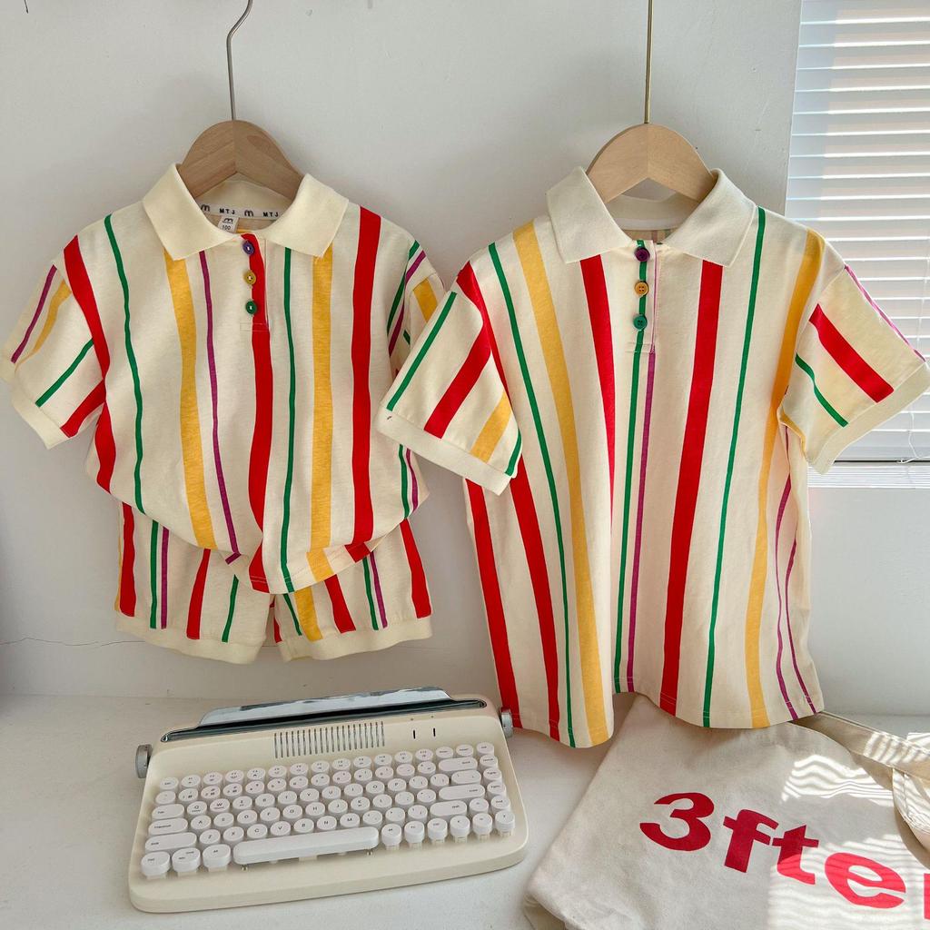 Koreaanse Broer/Zus Gestreept Gebreid Setje: Polo Jurk voor Meisjes & Korte Broek Set voor Jongens
