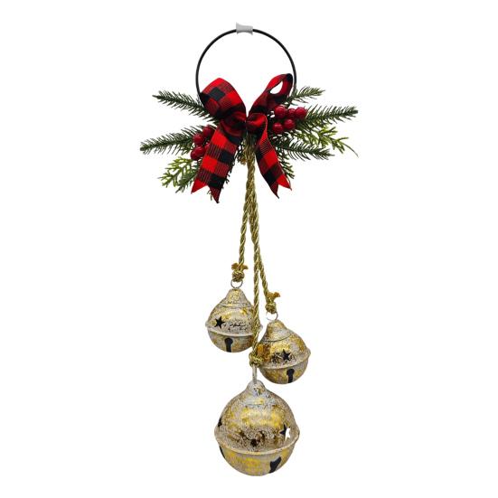 Christmas Bell Decoration 17.7" Hanging Jingle Bells with Plaid Bow Pine Needles Red Berries Rustic Holiday for Door