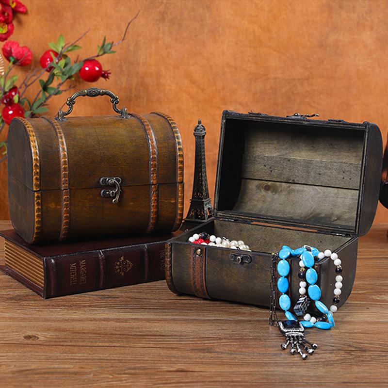 Vintage Suitcase Treasure Large Antique Jewelry Storage Box Wooden Chest Box Decorative Home Piggy Bank Storage Trunk with Lock