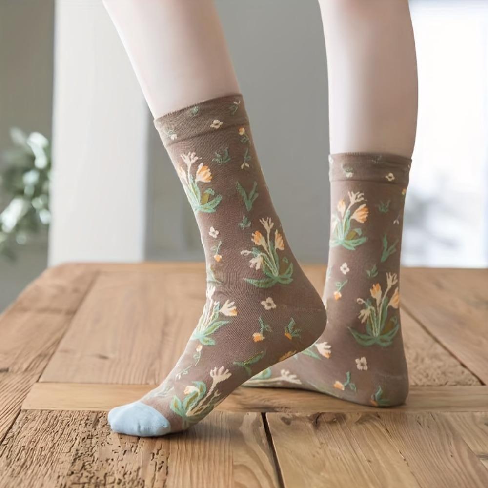 4 Pairs Creative Retro Oil Painting Socks, Comfy & Breathable Mid Tube Socks, Women's Stockings & Hosiery