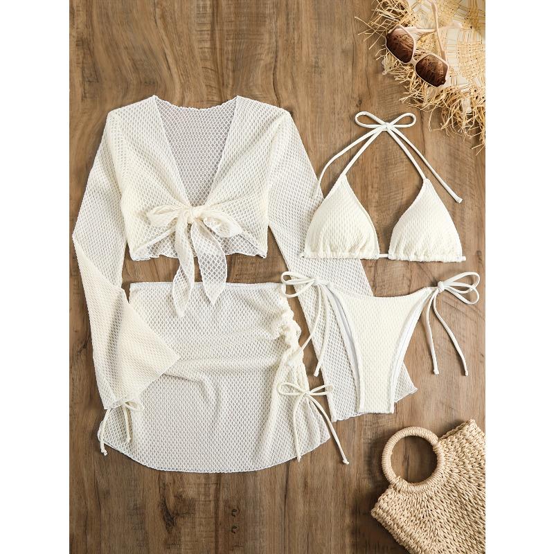 New European And American Conservative Four-Piece Set - Solid Color Cover-Up with Mesh Short Skirt, Bikini Women s Swimwear S