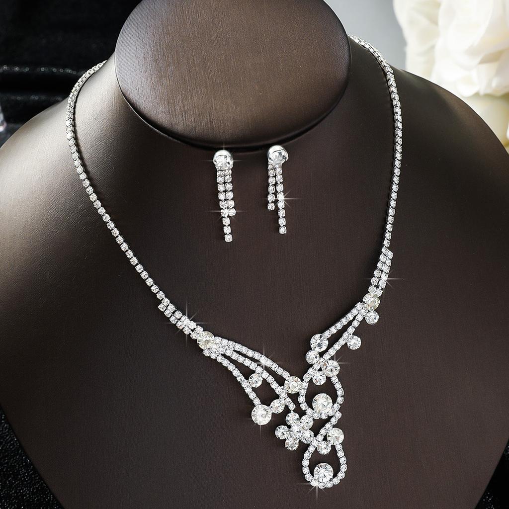 Fashion Super Beauty Necklace Earrings Set Diamond Shiny Stud Earrings Wedding Party Two-Piece Wedding Dress Dress Accessories Women