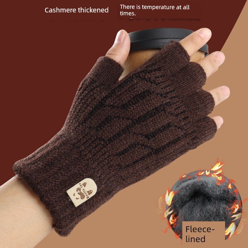 

New Half Finger Gloves Winter Fleece-lined Warm Knitted Angora Wool Thickened Cold-Proof Male and Female Students Class Office Brown-Cashmere Heattech One size