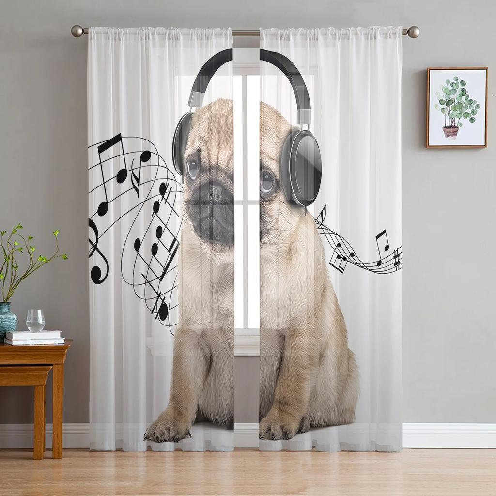 Pug Dog Music Funny Curtain Living Room Voile Window Blinds Bedroom Tulle Drape Kitchen Cortinas Hall Curtains With Sheer Polyester Perfect For Great