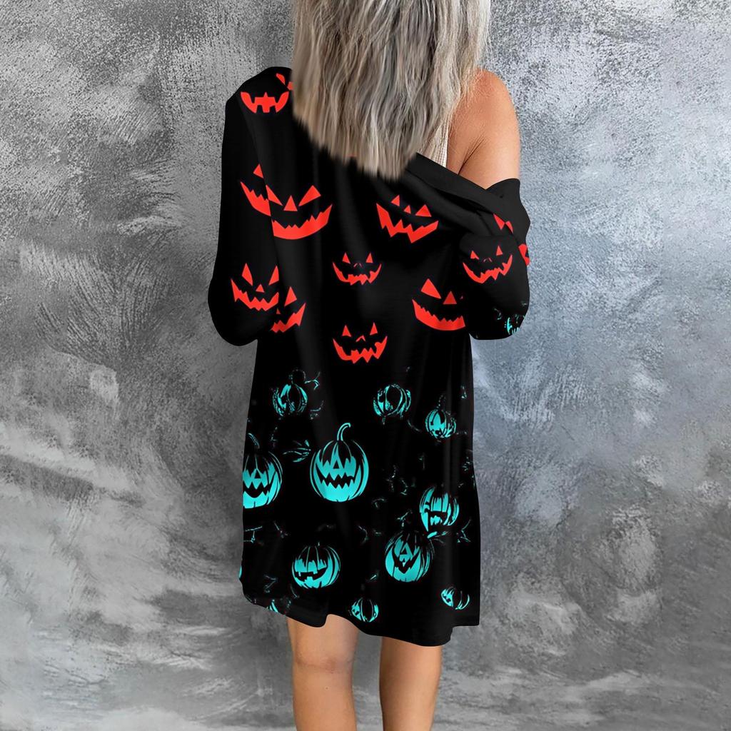 Women's Casual Cardigan Halloween Printed Long Sleeve Top With Pockets