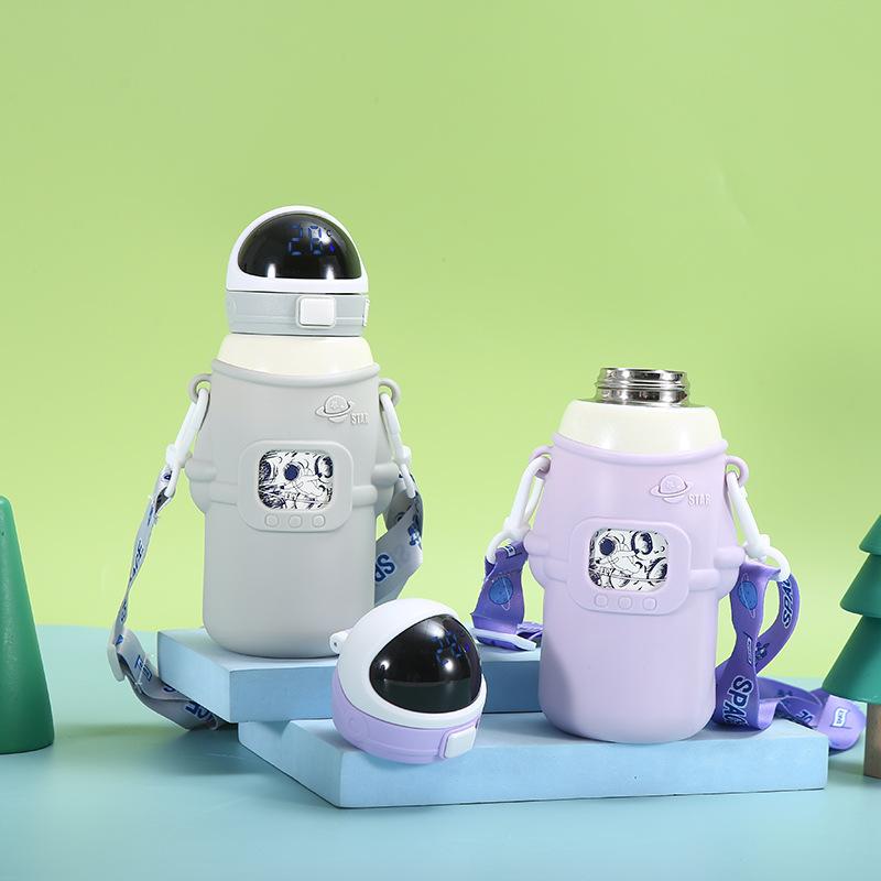 Cartoon Smart Temperature Display Thermos Cup Student Silicone Cover Portable Water Cup 316 Stainless Steel Children'S Learning Drinking Straw Cup