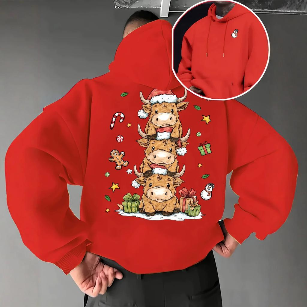 Christmas Red Hooded Sweater for Men and Women Stacked High Cow Gingerbread Man Gift Front and Rear Print Loose Jumper Hoodie