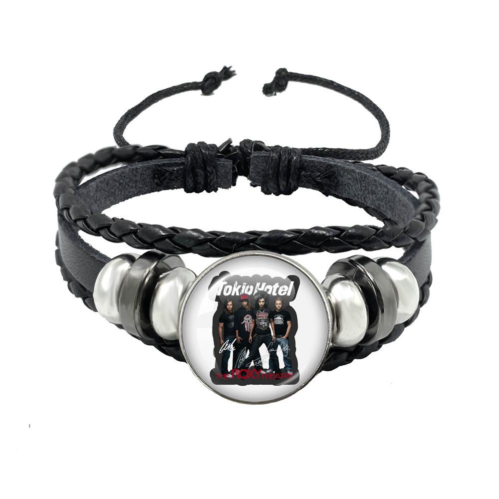 Pop Retro Rock Band Tokio Hotel Bill Kaulitz Band Black Rope Button Glass Cabochon Leather Bracelet Jewelry Charm Fans