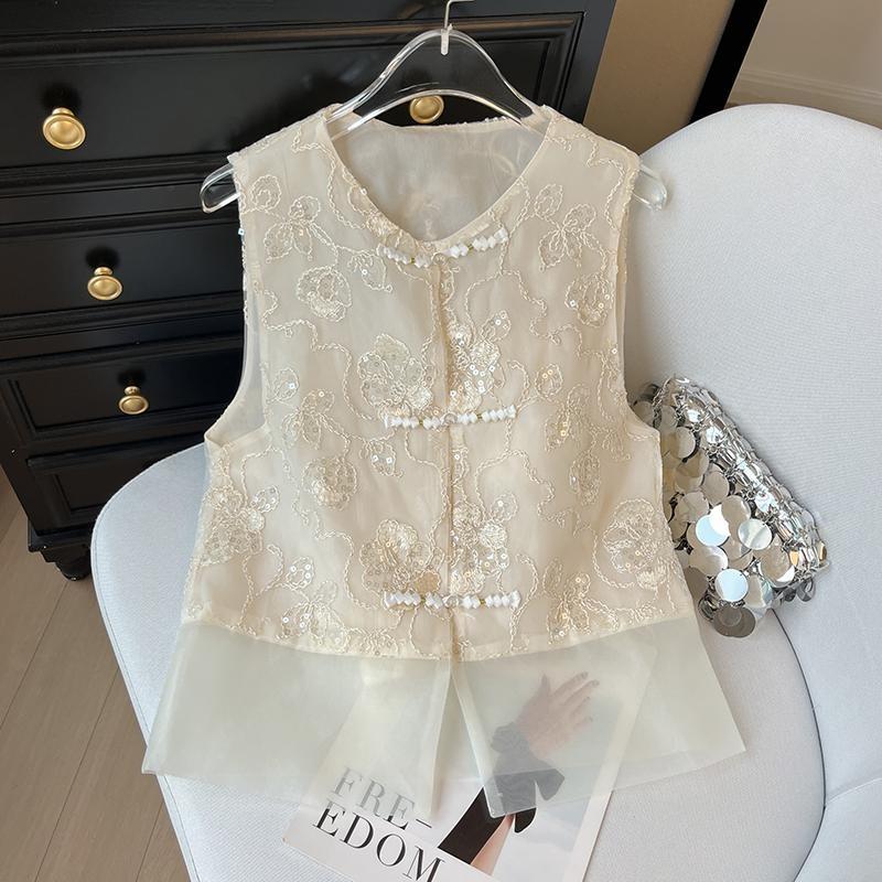 

Кнопочный жилет женский 2025 лето высококлассный дизайн нишевый вышитый жилет топ 3XL ([Recommended 138-75kg])