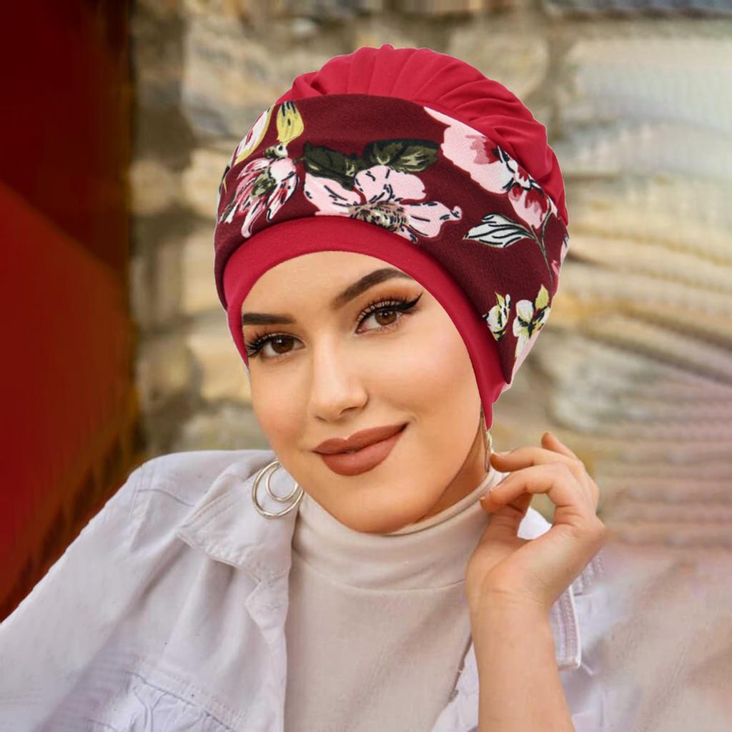 New Muslim Women Soft Strech Turban Hats Pre Tied Headscarf Print Flower Hijabs Bandana Chemo Beanies Caps Cover