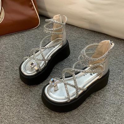 Mezzanine Muffin Sandals Women's High Sense 2025 Summer New Versatile Small Man Thick-soled Heightening Roman Rhinestone Sandals