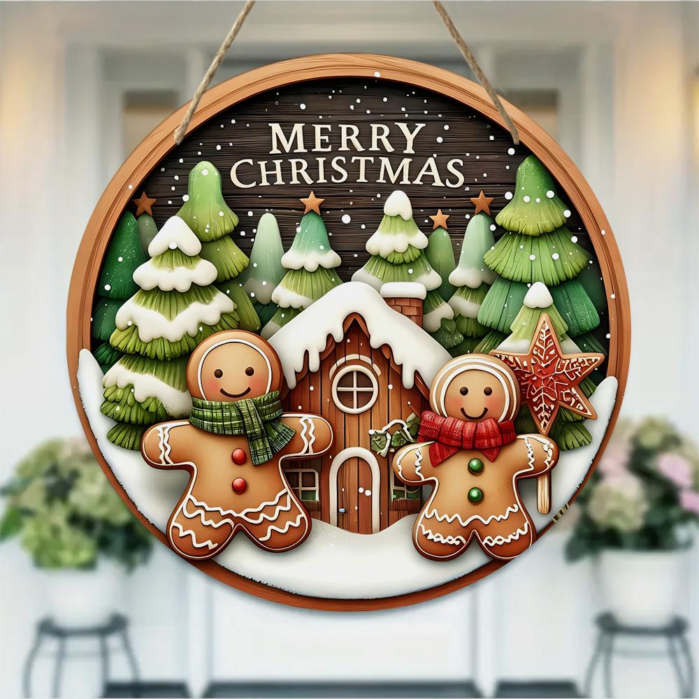 Gingerbread Man Cabin Theme Round Wooden Hanging Plaque Natural Solid Wood Texture Winter Festive Wall Sign Home Xmas Party Holiday Decor