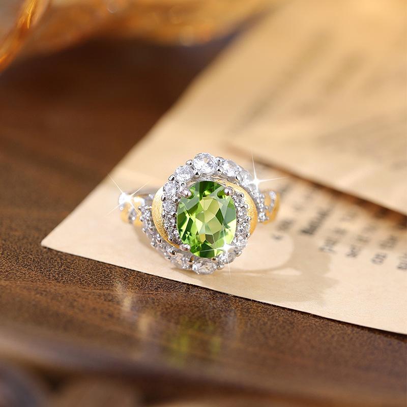 S925 Sterlingsilber Blattring für Damen Europäische Mode Natürlicher Peridot Kristall Schmuck Hoher Sinn Minimalistischer Finger Schmuck