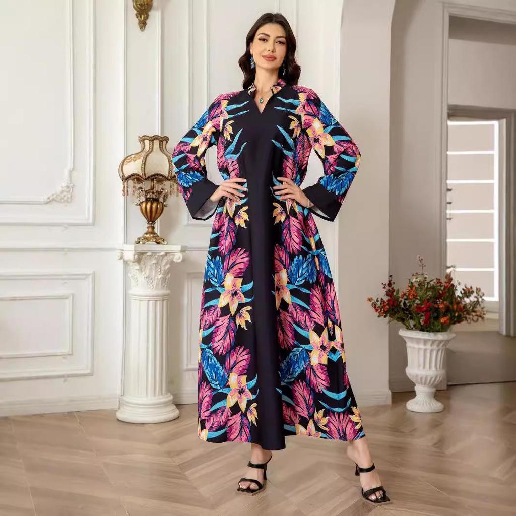 0808 Cross-Border Muslim Women's Printed Long Robe Dress - Middle East & Western Styles
