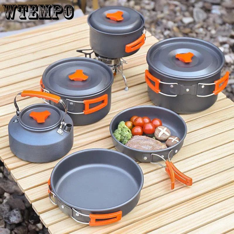 WTEMPO Veselă de gătit pentru exterior Veselă de picnic Set ceainic Echipament de camping Aragaz cu casetă Veselă portabilă
