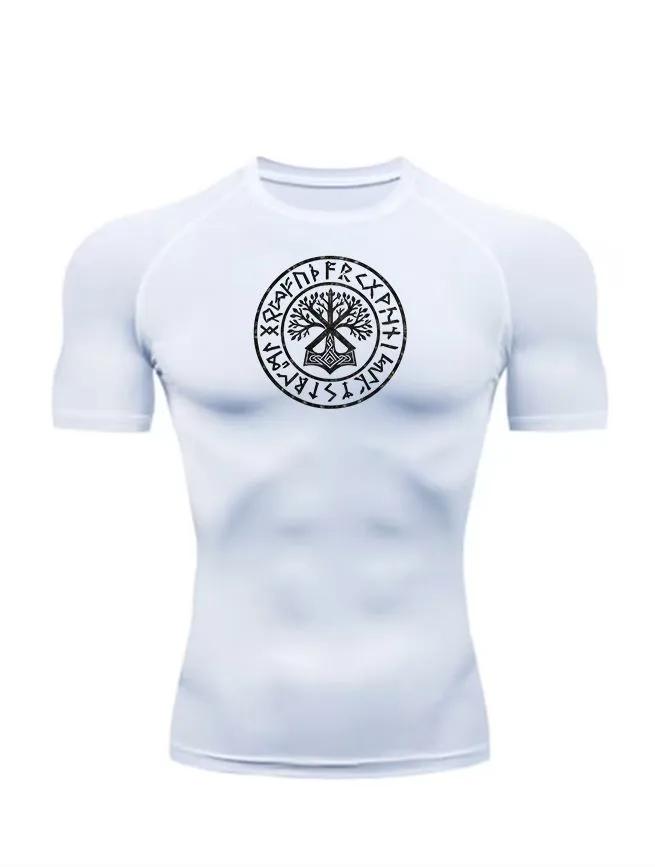 Men's White Compression Short Sleeve T-Shirt, Viking Yggdrasil Tree of Life Rune Circle Graphic Quick Dry Athletic Top for Gym Fitness & Training