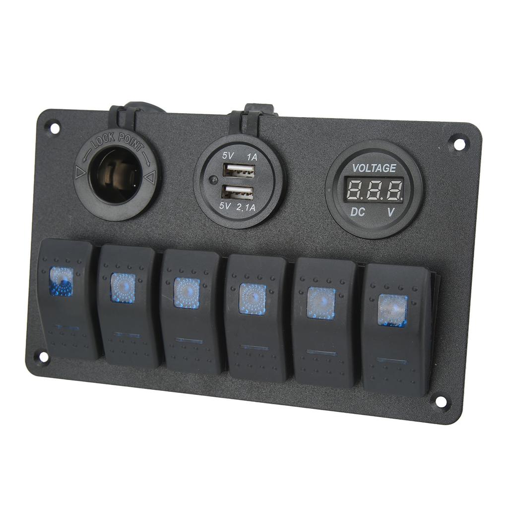 20A 6 Gang Rocker Switch Panel 12V 24V Blue Light Waterproof for Boats Ships Cockpits SUV Trucks