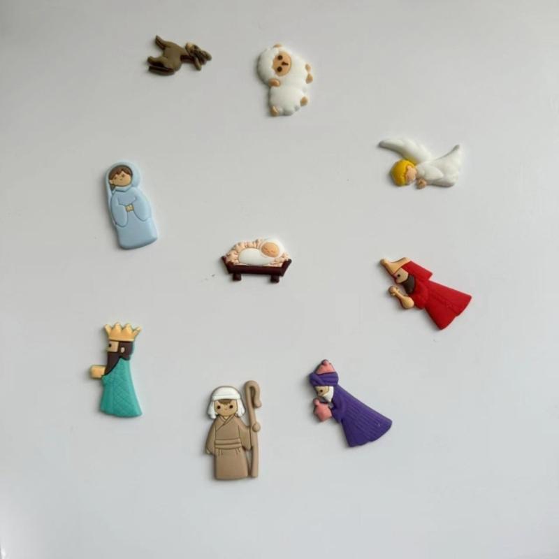 9 Stück/Set Krippenfiguren Aufnäher PVC Mini-Statuen Cartoon Flachrücken Anhänger Verzierungen für Weihnachten DIY Bastel Dekorationen