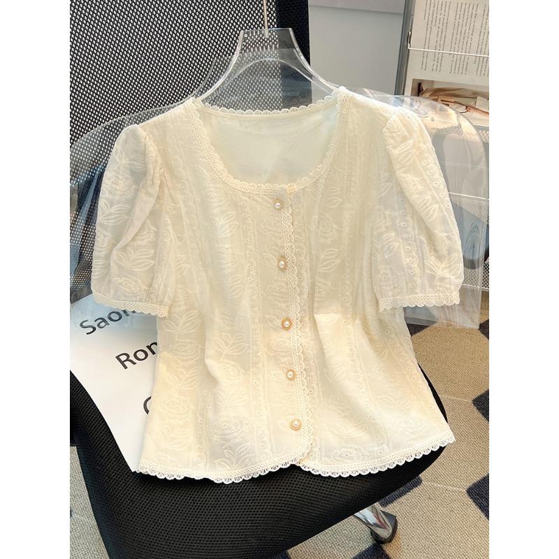 French Lace Splicing Top Women's Summer Temperament Shirt Short Sleeve Large Size Women's Clothing Stylish Romantic Lace Blouse