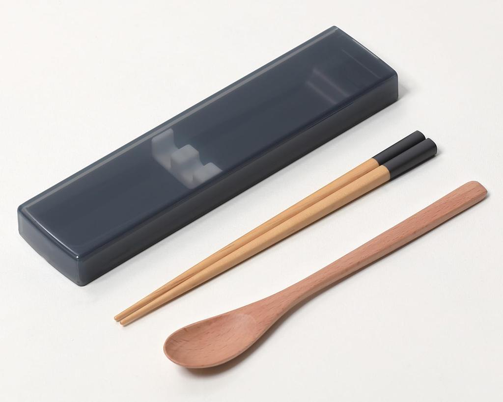 Ansio Silent Antibacterial Chopsticks and Spoon with Lid and Chopstick Natural Dishwasher Made In Set, 18cm, Pull-Out Case, Wood, Black, Safe, Japan,