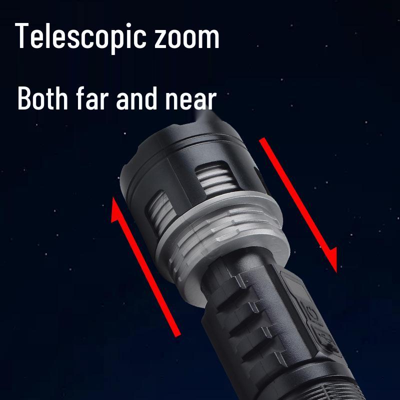 Temu 115B Multi-Function Rechargeable Flashlight: Strong Light, Zoomable, with Digital Display for Outdoor Patrol and Night Fishing Emergencies.