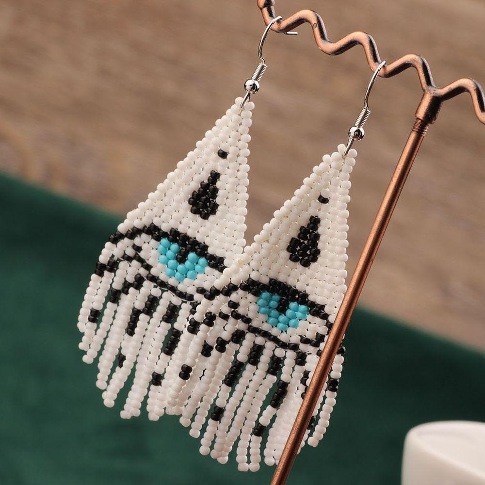 Native Style Tassel Drop Earrings Plaid Beaded Dangle Drop Earrings Tiny Beads Jewelry Vacation