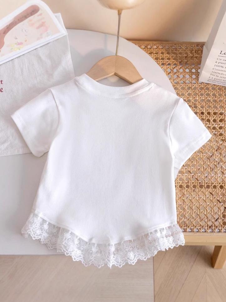 New Kids' Cute Cartoon Lace T-Shirt - Korean Style, Short-Sleeve, Round Neck, Stylish Summer Top