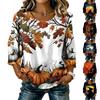 Women's Casual Halloween Print Round Neck Three Quarter Sleeve Linen Cotton Top for Fall Season Comfortable Fit