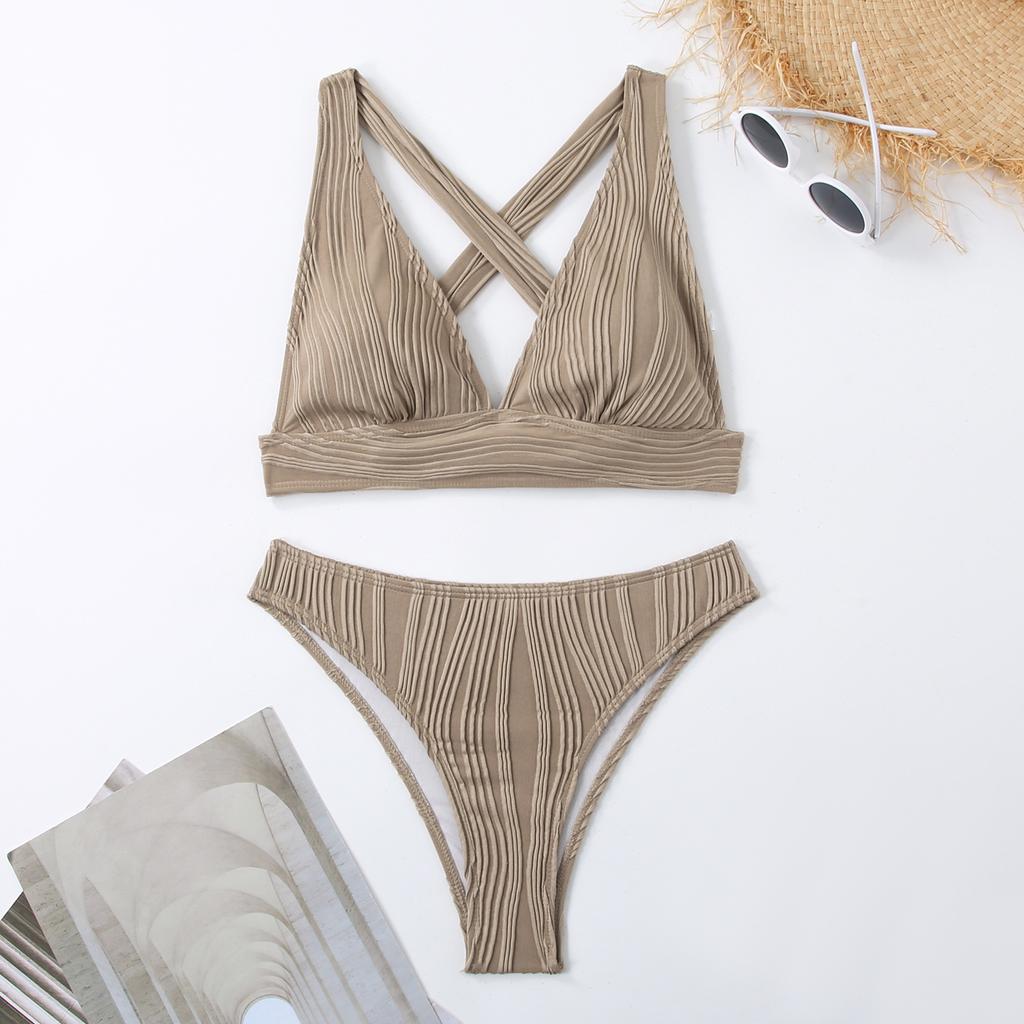 1011 European and American new swimsuit women's neck split bikini striped fabric multi-color triangular bikini