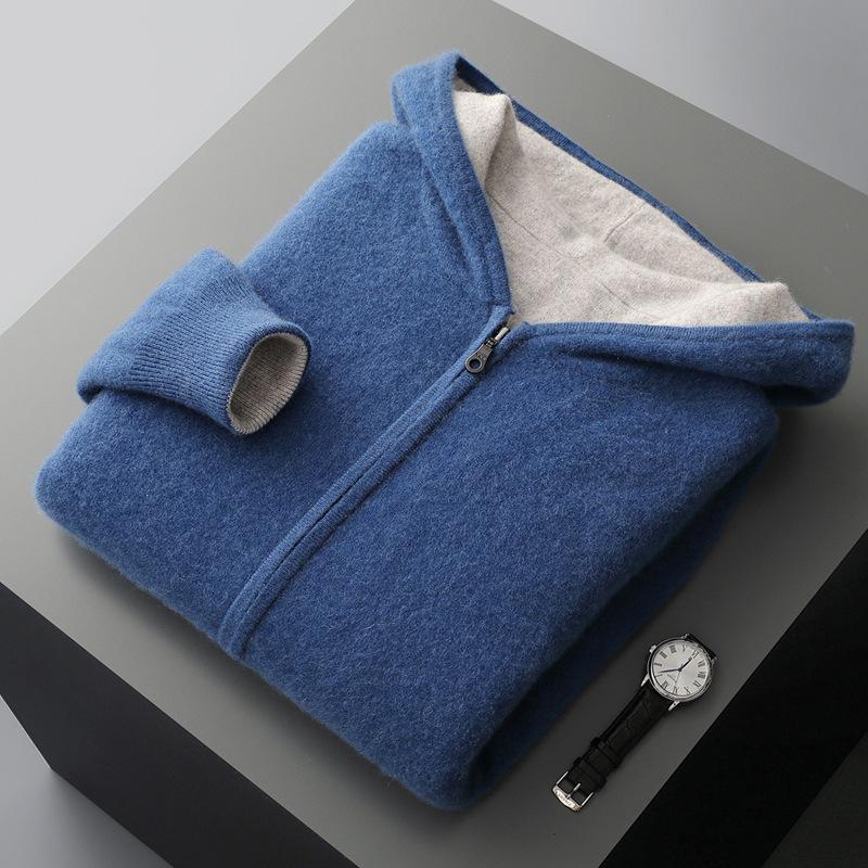 Men's Zipper Hooded Wool Cardigan - Thick Knitwear for Autumn/Winter