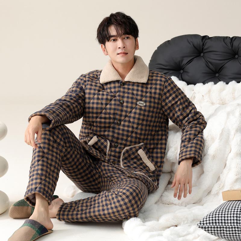 Pajamas Men'S Winter Three-Layer Pure Cotton Padded Thickened Fleece Warm Winter Coral Fleece Large Size Loungewear Set
