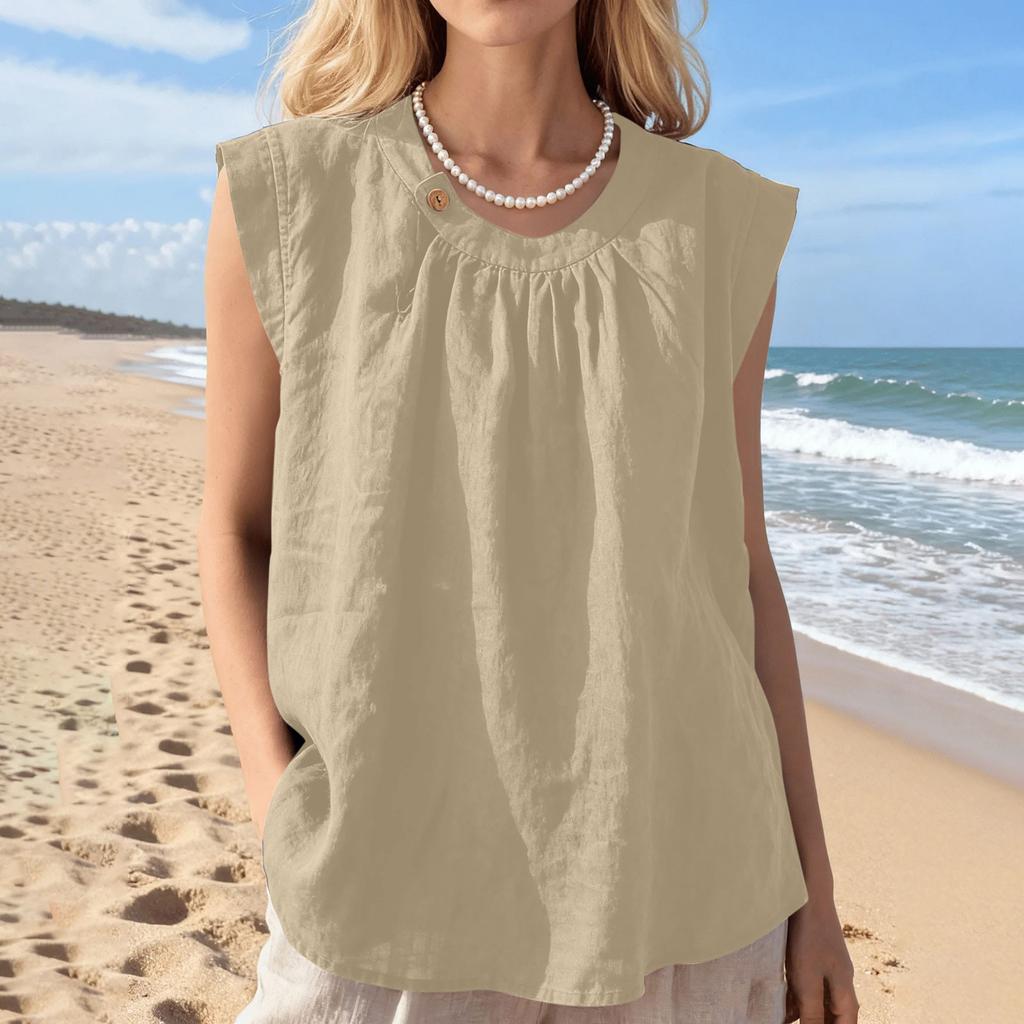Sleeveless Loose Fit Linen Blouse for Women Casual Round Neck Solid Lightweight Summer Top Shirt