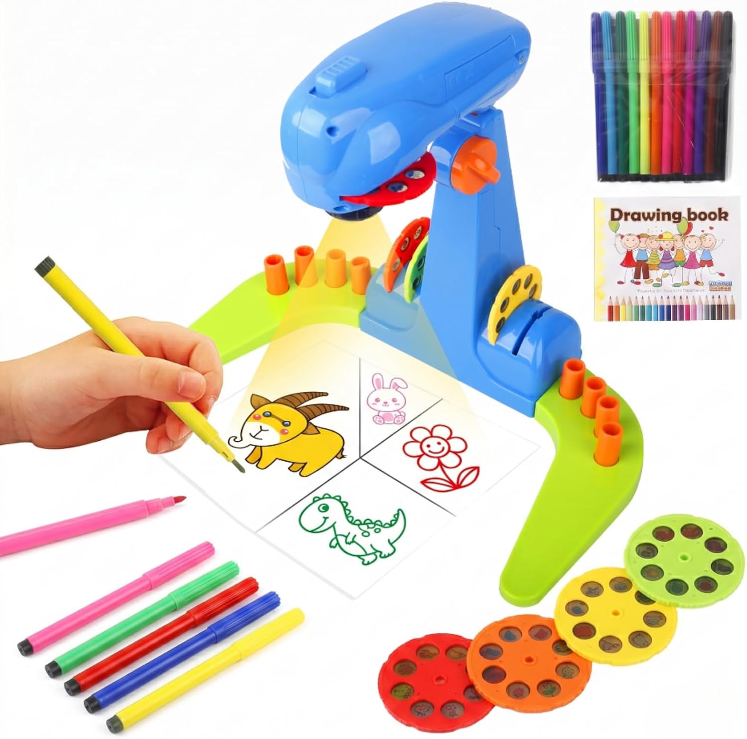 Children s Drawing Projector - 4 projection discs, 32 educational patterns, 12 watercolor pens and 1 paper pad