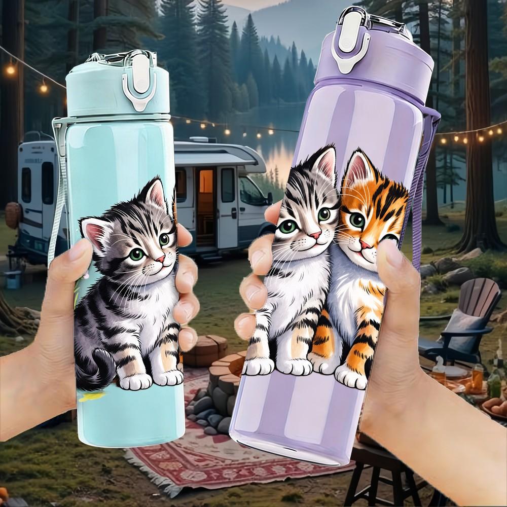 1PC Two Kittens Cute Pet Pattern 750ml Color Plastic Sports Water Bottle Leakproof Flip Straw Lid Suitable for Sports Office Home Use