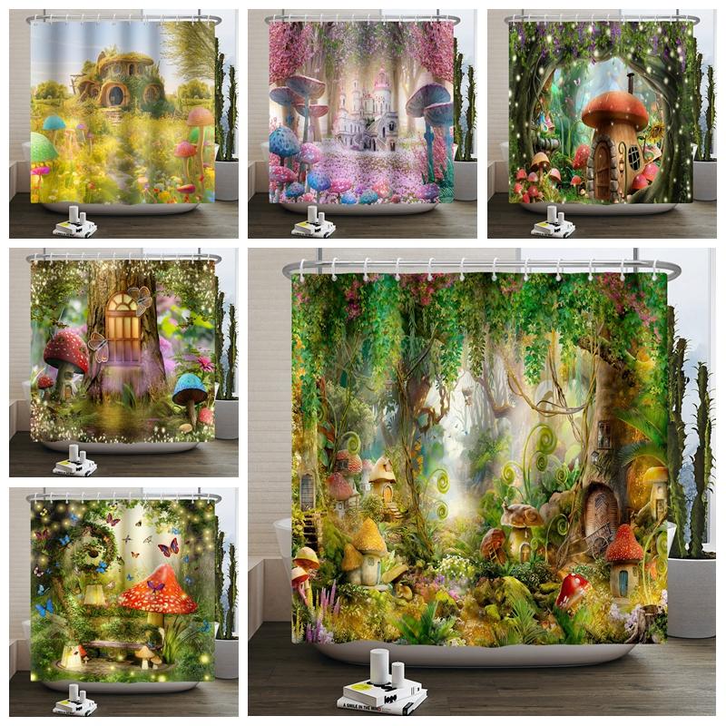 Enchanted Forest Shower Curtain Cartoon Magic Tale Mushroom Wonderland Gothic Shower Curtain Waterproof Bath Decor With Hooks
