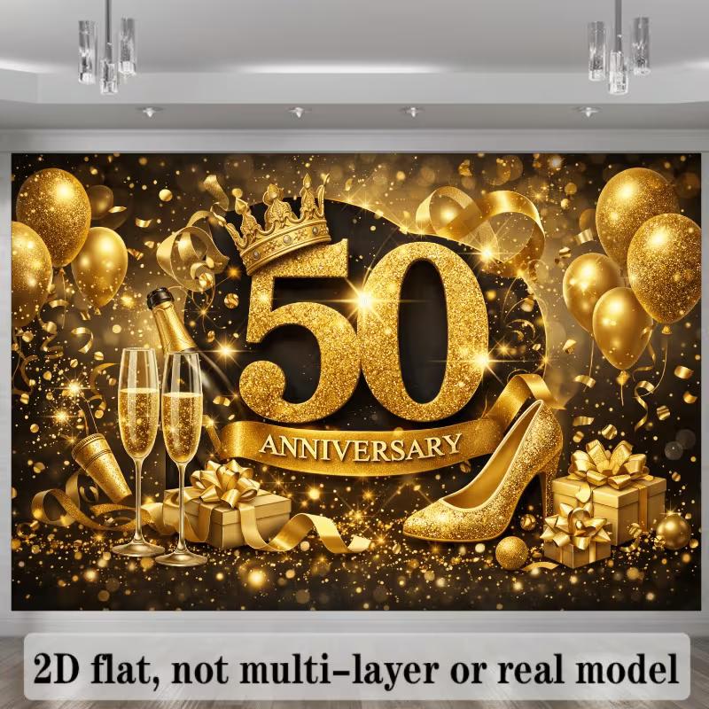 2D 50th Anniversary Golden High Heels & Balloons Background