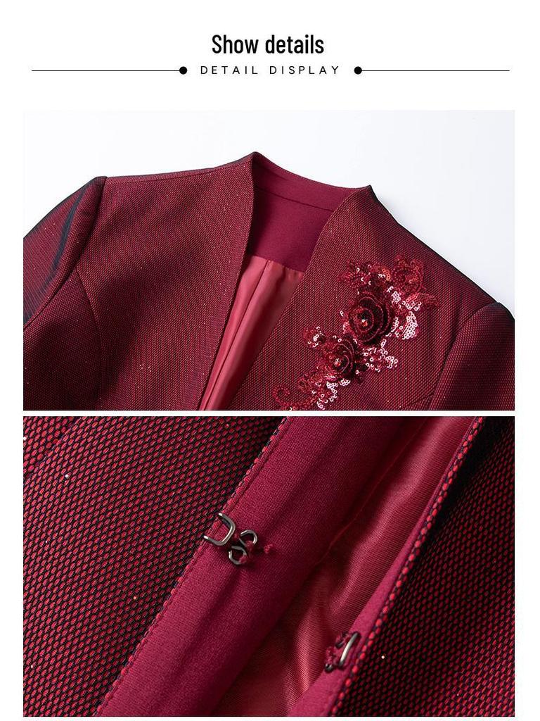 2025 Autumn Elegant Wine Red Plus Size Two-Piece Set: Long Sleeve Jacket & Mother's Wear