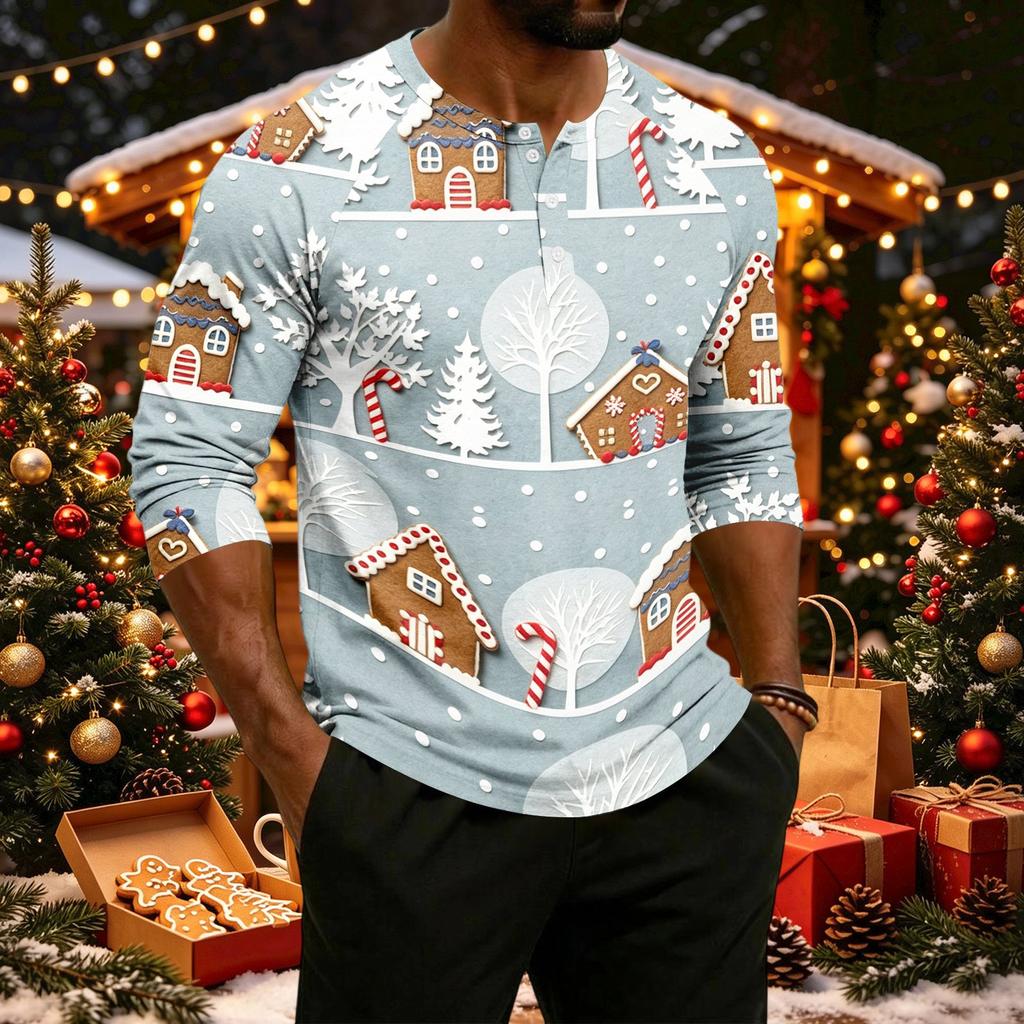 Men's Casual Shirt with Raglan Three-Quarter Sleeves, Christmas Print