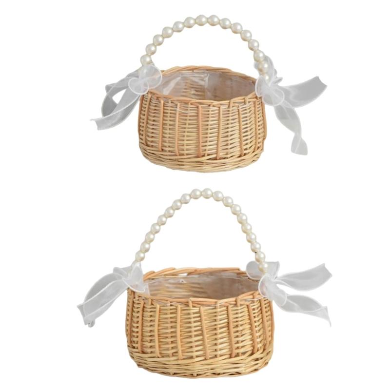Rattan Wedding Basket Braided With Pearls Trim Decorative Bowknot Florals Arrangement Basket Home Organization Supplies