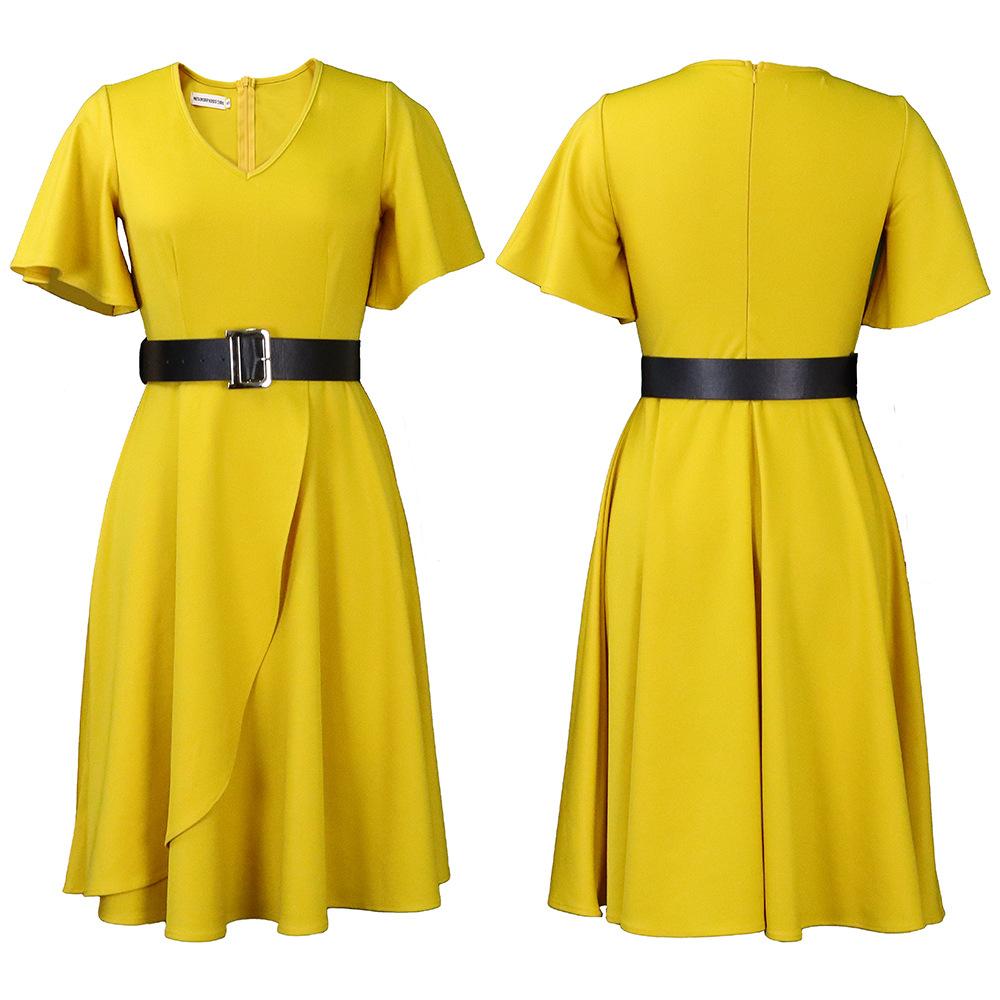 IHUASU Belt Summer Women's Dress with Flared Sleeves Solid Color Plus-size V-Neck High Waist Dress
