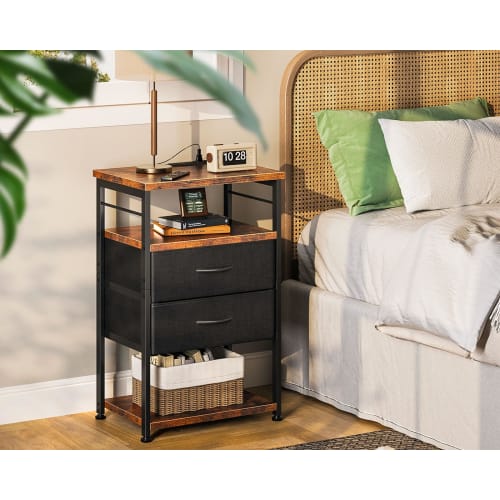KKL Side Table/Nightstand/Bedside Table with Outlet, 40x30x70cm, Drawer, Storage, Vintage & Black, Next to Bed