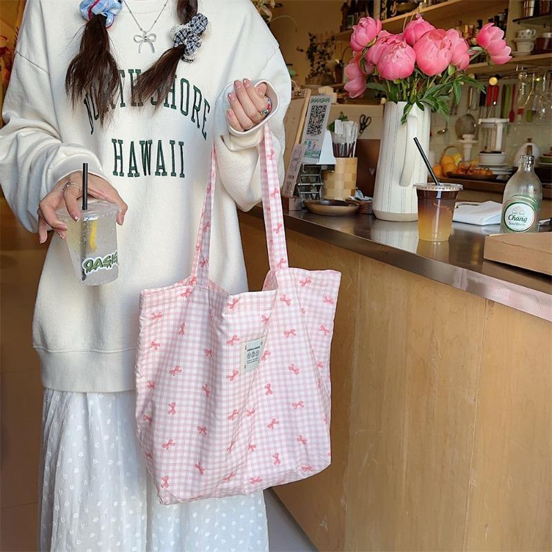 4 canvas bags, fresh and cute girl printed bow canvas bags, students large-capacity class shoulder bags