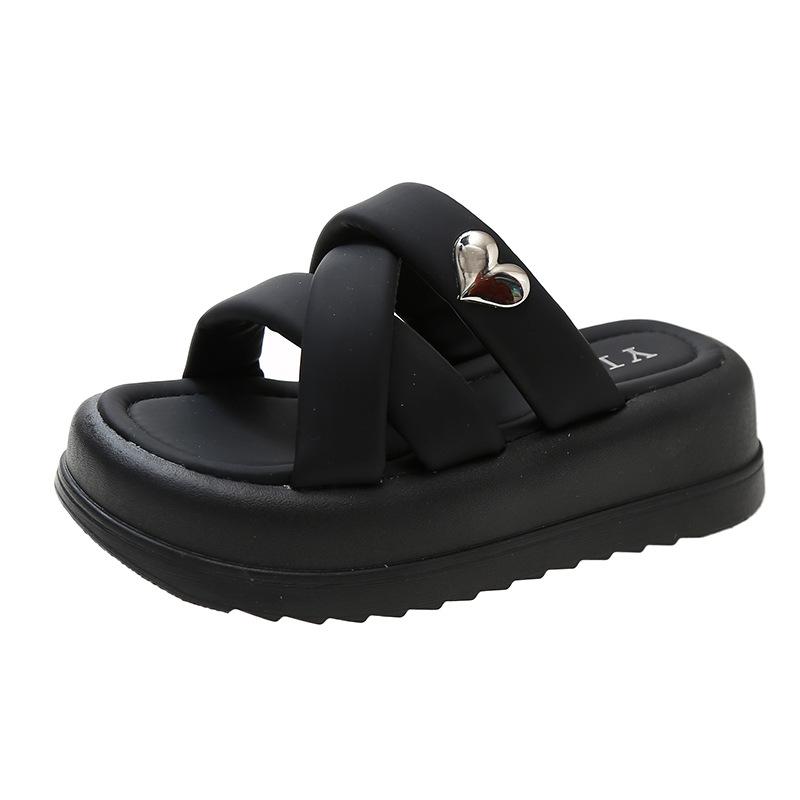 

Casual outerwear one-word slippers women s summer new thick-soled small man shows height, comfortable and cool slippers 35 чёрный