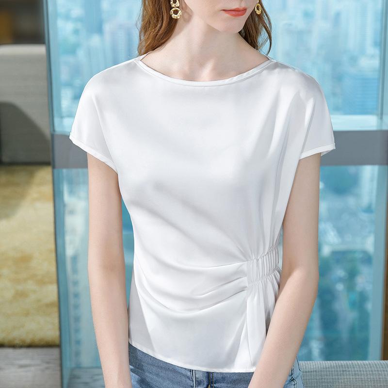 Short-sleeved Chiffon Shirt for Women's Summer New Women's Silky Satin Shirt French Pleated Waist Top
