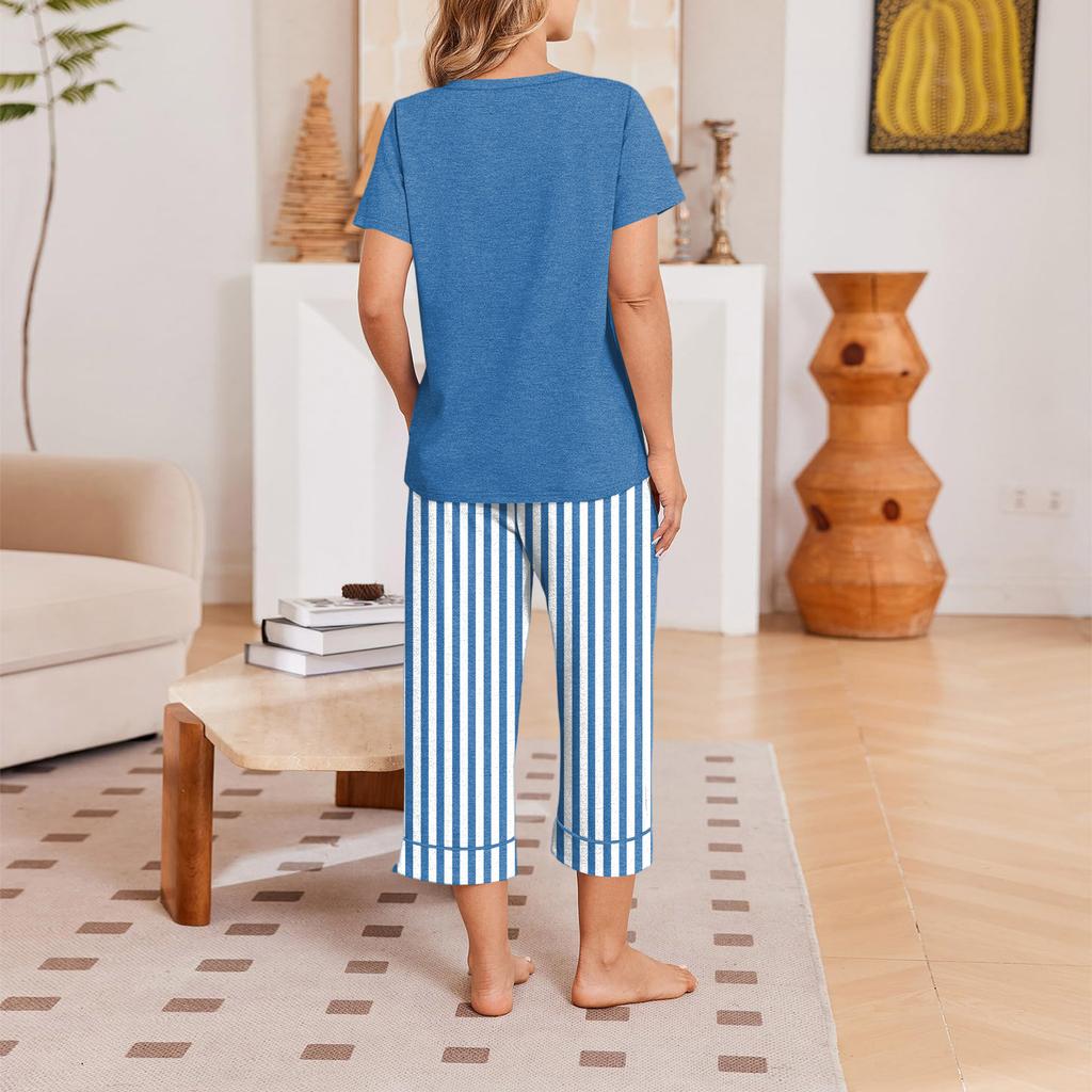 Women Casual Fashion Printed Round Neck Loose Short Sleeve T Shirt and Seven Points Pants Homewear Set Comfortable Soft Fabric